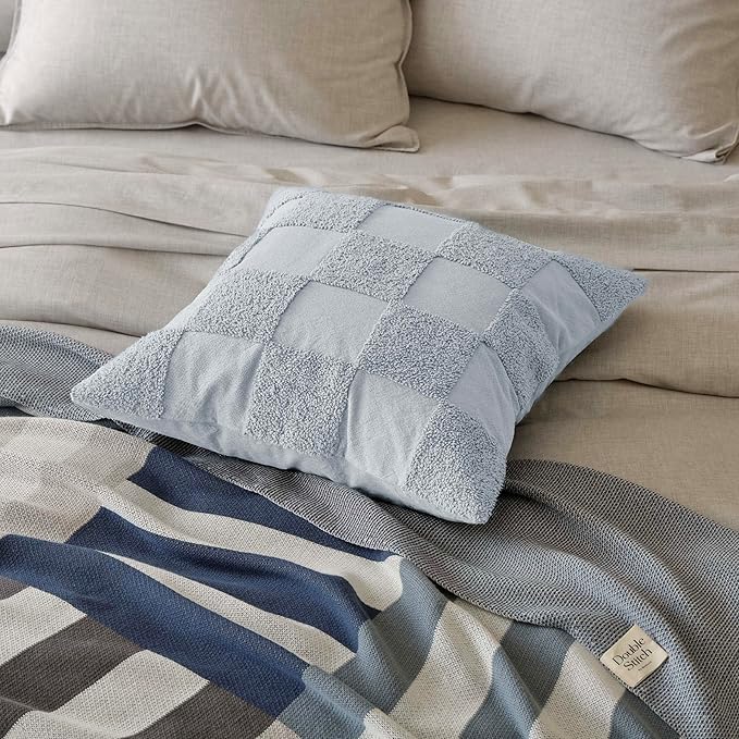 Double Stitch 100% Cotton Throw Pillow Covers - Checkered Tufted Boho Decorative Pillow Covers 20x20, Made in India, Square Cushion Case, Modern Home Decor for Couch, Sofa, Living Room, Arctic Blue