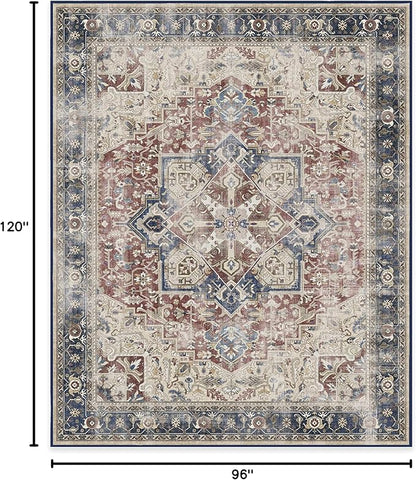 RUGGABLE Washable Vintage Area Rug – Kamran Royal Blue 8x10, Stain-Resistant, Non-Slip – Large Machine Washable Rugs for Living Room, Bedroom, Hallway, Entryway & Office–with Standard Pad