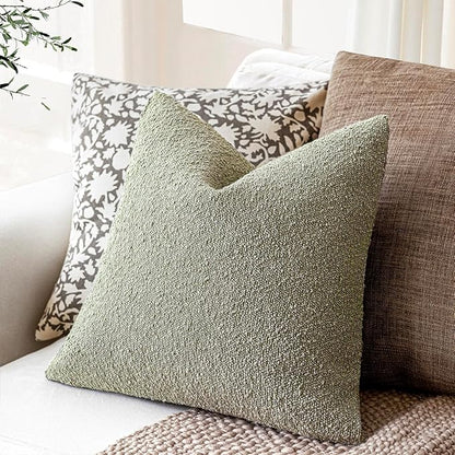 Foindtower Pack of 2 Textured Boucle Throw Pillow Covers Accent Solid Decorative Pillow Cases Cozy Woven Couch Cushion Case for Sofa Bedroom Living Room Home Decor 20x20 Inch Dirty Sage Green
