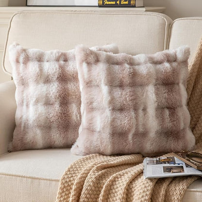 Pack of 2 Thick Plush Throw Pillow Covers Fluffy Wave Faux Fur Decorative Cushion Covers Soft Wool Pillowcase for Sofa Couch Livingroom 24x24 Inch White Taupe