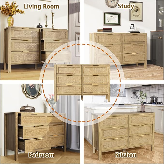 6 Drawer Dressers for Bedroom, Rattan Dresser with Drawers, Modern Wood Dresser with Metal Handles, Chest of Drawers for Bedroom, Living Room, Entryway (6 Drawer)