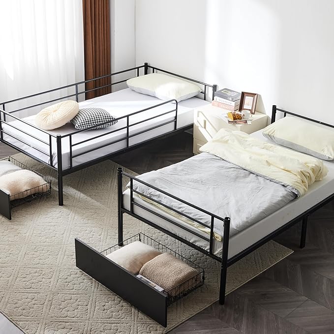 Karl home Black Bunk Bed Twin Over Twin with 2 Storage Drawers, Metal Bunk Bed with Built-in Ladder and Safety Guardrail, Space-Saving Twin Bunk Beds for Kids, Teens & Adults, No Box Spring