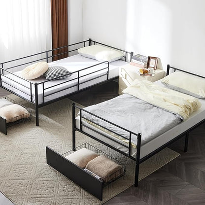 Karl home Black Bunk Bed Twin Over Twin with 2 Storage Drawers, Metal Bunk Bed with Built-in Ladder and Safety Guardrail, Space-Saving Twin Bunk Beds for Kids, Teens & Adults, No Box Spring