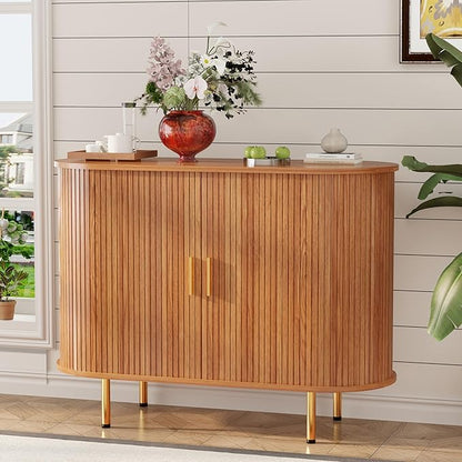 DHH Storage Cabinet, Fluted Sideboard Buffet Cabinet with Tambour Sliding Doors& Adjustable Shelf, Accent Coffee Bar Console Table for Kitchen, Living Room, Entryway (Yellow walnut40 Inch)