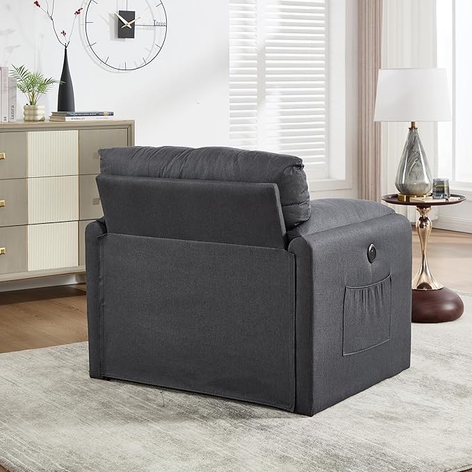 Oversized Accent Chair 38" Wide Mid-Century Modern Armchair for Living Room,USB and Type-C Ports,Comfy Reading Chairs for Bedroom with Side Pockets,Single Sofa Chair(Darkgrey, Set of 1)