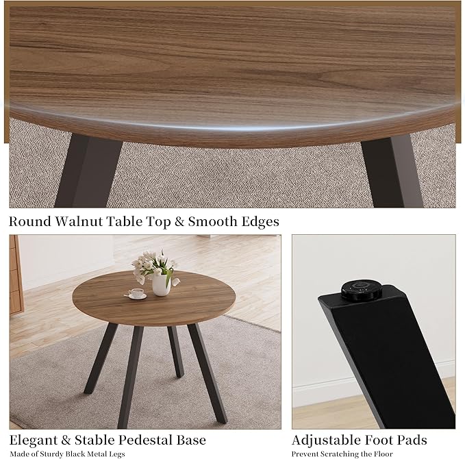 34.6'' Round Dining Table and Chairs for 4 Space Saving for Apartment Kitchen Dining Room (Walnut Table+4 Brown Chairs)