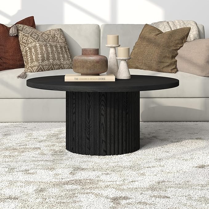 Henn&Hart 32" Fluted Round Wood Pedestal Low-Profile Coffee Table for Living Room, Family Room, Office, or Apartment, Black Grain