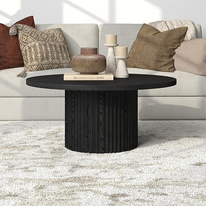 Henn&Hart 32" Fluted Round Wood Pedestal Low-Profile Coffee Table for Living Room, Family Room, Office, or Apartment, Black Grain