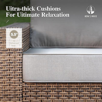 HERA'S HOUSE Luxury Swivel Glider Patio Furniture Set with 4.92" Wide Armrests 5.5" Thick Cushions, 6 Pieces Outdoor Wicker Furniture Conversation Set with Table for Backyard Deck Garden, Grey