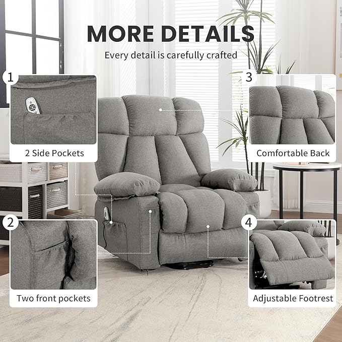 Oversized Power Lift Recliner Chair for Elderly, Big and Tall Lift Chair with Massage and Heat for Living Room, Fabric Electric Recliner Chairs with 4 Side Pockets, USB Charge Port,Grey