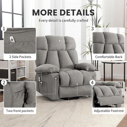 Oversized Power Lift Recliner Chair for Elderly, Big and Tall Lift Chair with Massage and Heat for Living Room, Fabric Electric Recliner Chairs with 4 Side Pockets, USB Charge Port,Grey
