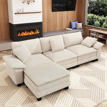 123-Inch L Shaped Sectional Sofa with Cloud Cushions, Deep Seat Modular Couch Set w/ 4 Seats & 1 Ottomans, Removable Arms, Plush Corduroy Upholstery for Living Room, Apartment - Beige
