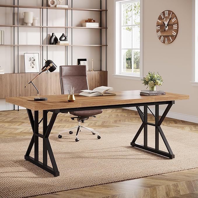 Tribesigns 70.86-Inch Large Executive Desk, Industrial Home Office Computer Desk, Simple Long Writing Study Table Business Furniture (Light Brown/Black)