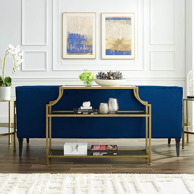 Crosley Furniture Aimee Sofa Console Table with Storage Shelves for Hall, Entryway, or Living Room, Gold and Glass