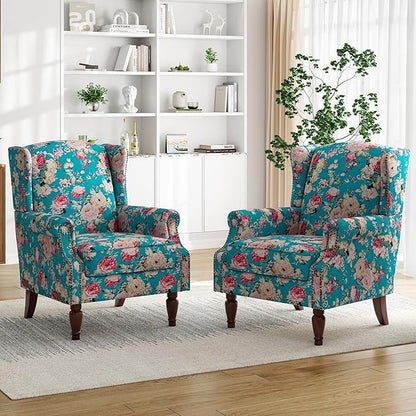 High Back Floral Accent Chair - Retro Wingback Upholstered Armchair with Nailhead Trim, Solid Wood Legs, Fabric Living Room Bedroom Reading Chair (Peacock Blue)