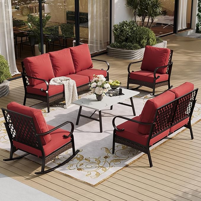 5 Piece Metal Outdoor Patio Furniture Set, Patio Conversation Set with 3-Seater Sofa, Loveseat, 2 Rocking Sofa (5.75" Thick Cushion) & Coffee Table Black Backyard Furniture, Rust Red