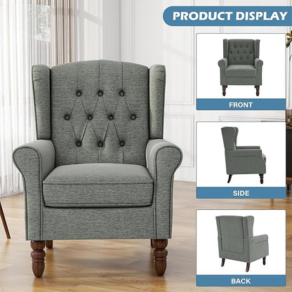 UIXE High Back Accent Chairs Set of 2, Upholstered Armchair in Fabric, Retro Wingback Arm Chair for Living Room, Comfy Single Sofa Bedroom Reading Seat with Solid Wood Legs - Dark Gray