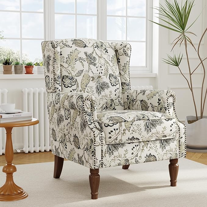 Accent Chair, Upholstered High Back Floral Armchair with Nailhead Trim & Wood Legs, Comfy Wingback Reading Single Sofa Chair for Small Spaces, Living Room, Bedroom ( Plants Beige Floral, Set of 2)