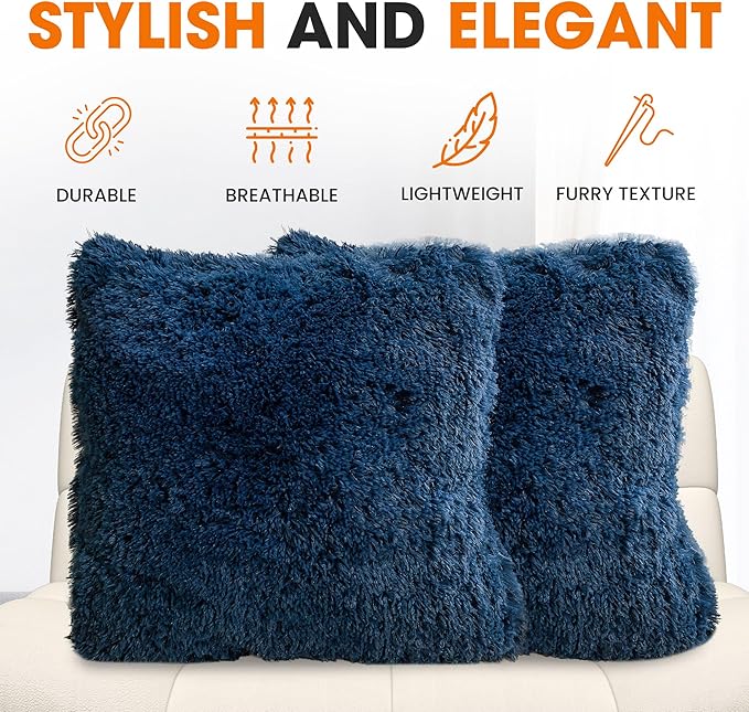 Cheer Collection Throw Pillows for Couch and Bed, Soft Shaggy Throw Pillows with Inserts Included, Cozy Long Hair Faux Fur Pillows - Set of 2-24" x 24" Navy