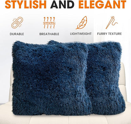 Cheer Collection Throw Pillows for Couch and Bed, Soft Shaggy Throw Pillows with Inserts Included, Cozy Long Hair Faux Fur Pillows - Set of 2-24" x 24" Navy