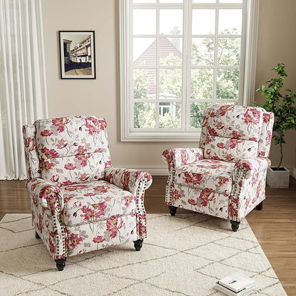 Pushback Recliner Chairs Set of 2, Upholstered Armchair Wingback Recliner Chair, Floral Fabric Push Back Recliner with Wood Legs, Rivet Trim Single Sofa Accent Chair for Living Room, Pattern White