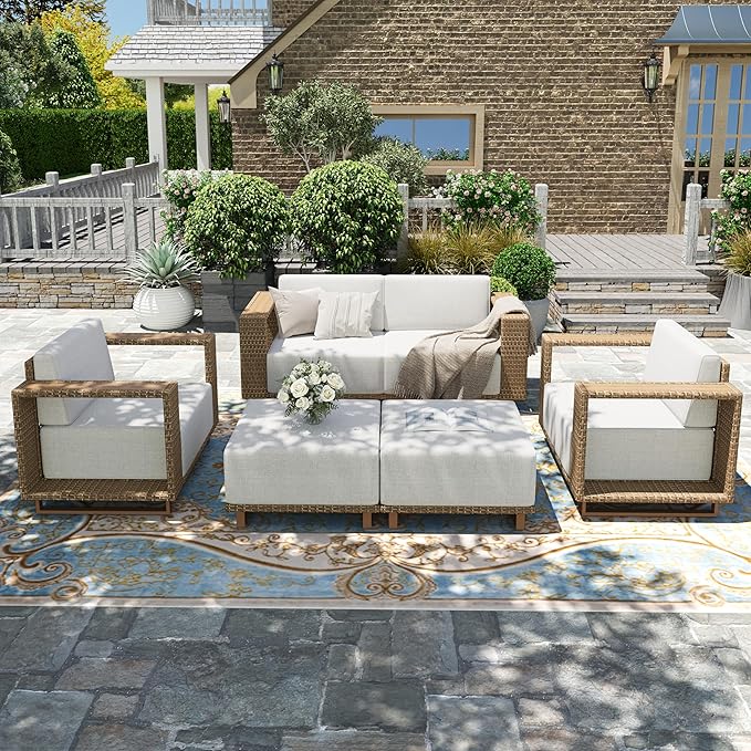 HERA'S HOUSE 6 Pieces Patio Furniture Set, 4 Sectional Outdoor Rattan Wicker Sofas with 2 Ottomans, All Weather Patio Conversation Set with 5.3" Widened Armrest, 10" Ultra Thick Cushion for Deck