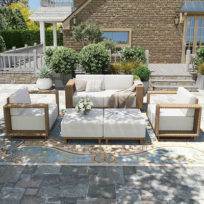 HERA'S HOUSE 6 Pieces Patio Furniture Set, 4 Sectional Outdoor Rattan Wicker Sofas with 2 Ottomans, All Weather Patio Conversation Set with 5.3" Widened Armrest, 10" Ultra Thick Cushion for Deck