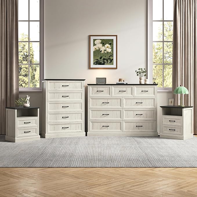 Farmhouse Dresser and Nightstand Sets, 4Pcs Bedroom Furniture Set, Nightstand Set of 2 & 55" Wide 9 Drawer and 44" Tall 5 Drawer Dresser with Large Drawers & Bar Handles, White
