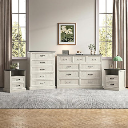 Farmhouse Dresser and Nightstand Sets, 4Pcs Bedroom Furniture Set, Nightstand Set of 2 & 55" Wide 9 Drawer and 44" Tall 5 Drawer Dresser with Large Drawers & Bar Handles, White