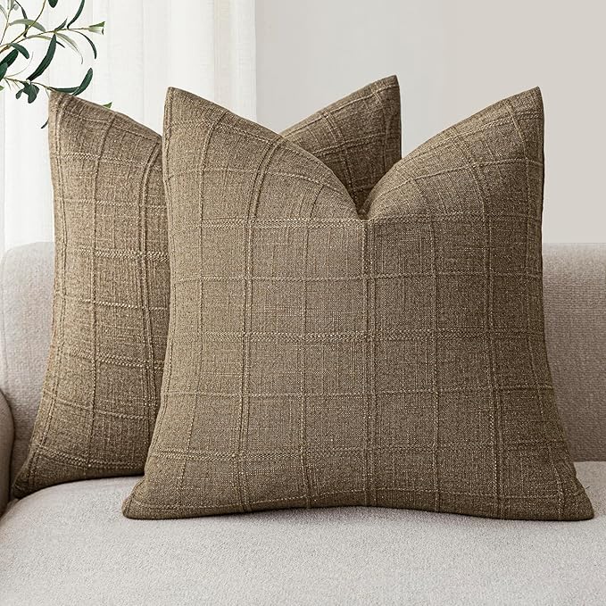Foindtower Set of 2 Decorative Linen Check Throw Pillow Covers Neutral Farmhouse Vintage Cushion Covers Modern Boho Home Decor for Sofa Chair Couch Bedroom Living Room,22×22 Inch,Light Brown