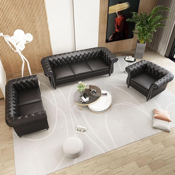 Faux Leather Sofa and Loveseat set, Mid Century Modern Upholstered Couch with Cushions, 2-Piece Home Sofa Living Room Furniture Sets, Comfy Tufted Chesterfield Couches for Bedroom, Office (Black)