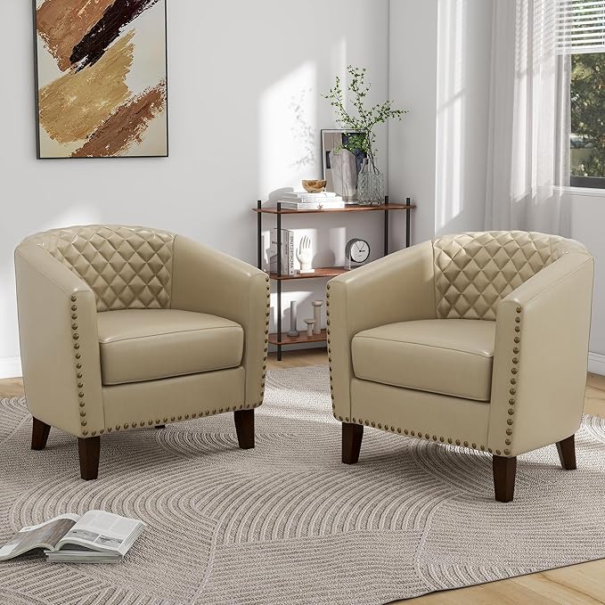 Pia Ricco Faux Leather Barrel Accent Chairs Set of 4, Modern Club Arm Chair Comfy Upholstered Single Sofa Chair with Solid Wood Legs and Nailhead Trim for Living Room/Reading Room, Beige