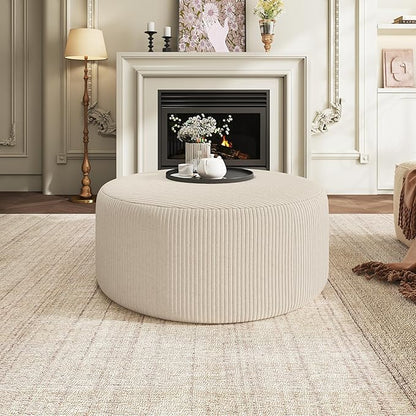 Christopher Knight Home GAVI 30" Ottoman Foot Stool, Corduroy Pouf Footstool Ottoman Seat, Upholstered Foot Chair, Round Footrest, Modern Side Table for Living Room Bedroom Home Decor, Beige