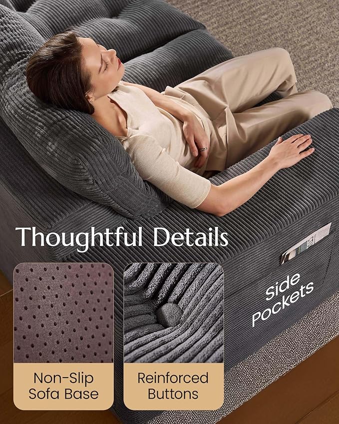 High Back Boneless Couch, U Shaped Cloud Couch with Versatile 2-Pack Pillow Blankets, Corduroy Modular Sectional Sofa with Ottoman, No Assemble Sectional Couches for Living Room, Dark Grey