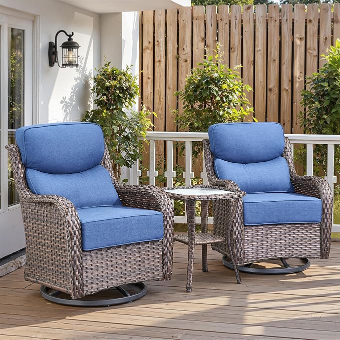 Belord Luxury 6" Thick Cushioned Outdoor Swivel Rocker Patio Chairs with Side Table, 3 Pieces High Back Wicker Furniture Set with Ergonomic Back, Conversation Gliders Set for Deck Porch - Brown+Blue