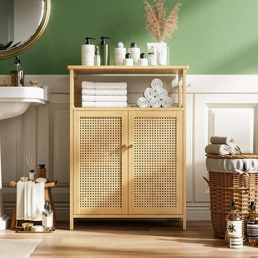 Bathroom Floor Stand Cabinet, Bamboo Storage Organizer Table with 2 Rattan Doors and 1 Shelf, Wooden Side Cupboard for Hallway, Laundry, Kitchen, Living Room (Natural)