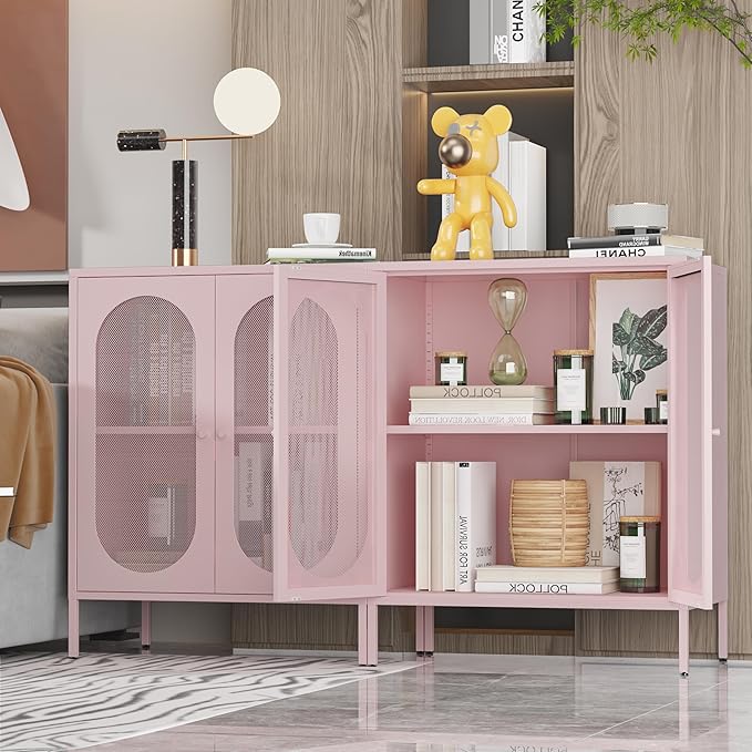 Display Cabinets with 2 Mesh Doors，Small Pantry Cabinet, Storage Closet with Adjustable Shelf and High Feet, Pink Cabinet for Home, Office, Living Room,Dining Room,Sideboard, Hallway and Entryway