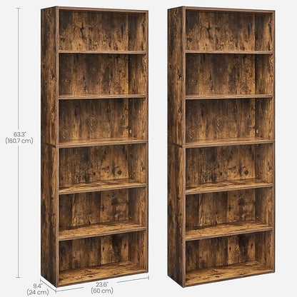 VASAGLE Set of 2 Bookshelves, 23.6 Inches Wide, 6-Tier Open Bookcases with Adjustable Storage Shelves, Floor Standing Units, Rustic Brown ULBC166X01-2