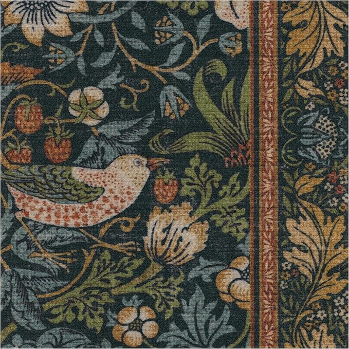 RUGGABLE x Morris & Co Washable Area Rug– Strawberry Thief Indigo 9x12, Stain-Resistant, Non-Slip – Large Machine Washable Rugs for Living Room, Bedroom, Hallway, Entryway & Office–with Cushioned Pad