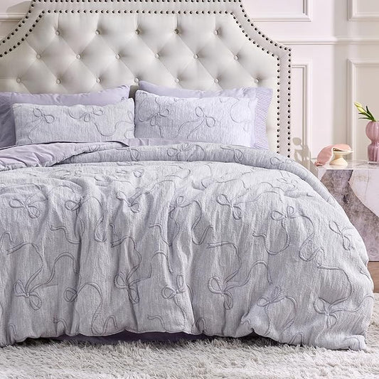 Bedsure King Size Comforter Set, Light Purple Boho Tufted Bed Set, 3D Puffy Jacquard Bedding King Size, 3 Pieces, 1 Farmhouse Shabby Chic Embroidery Comforter with Bow Pattern & 2 Pillow Cases