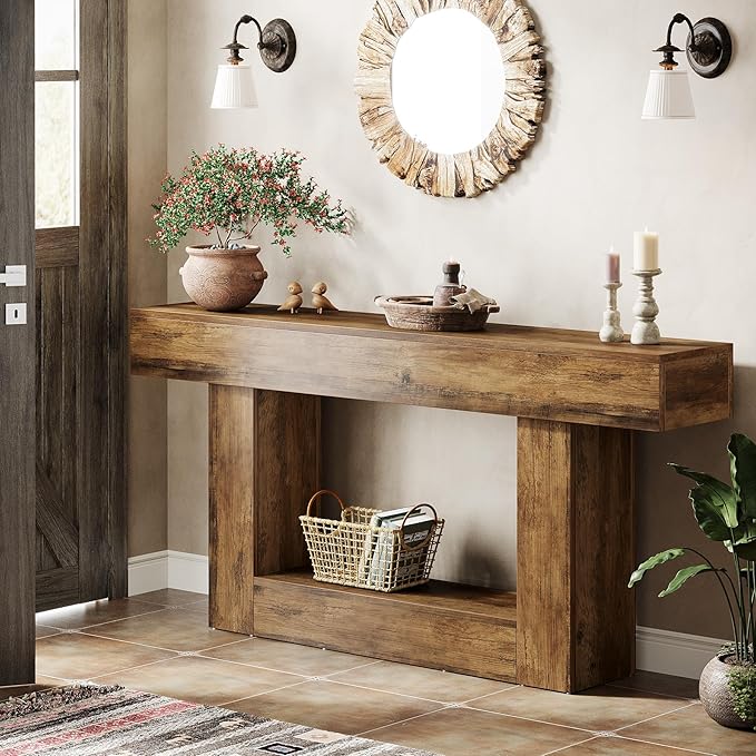 Tribesigns 63" Console Table, Farmhouse 2-Tier Entryway Table with U-Shaped Base, Narrow Long Wood Sofa Table Behind Couch Table for Living Room, Hallway, Foyer, Vintage Brown