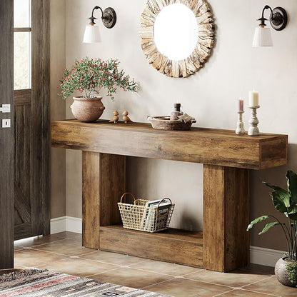 Tribesigns 63" Console Table, Farmhouse 2-Tier Entryway Table with U-Shaped Base, Narrow Long Wood Sofa Table Behind Couch Table for Living Room, Hallway, Foyer, Vintage Brown