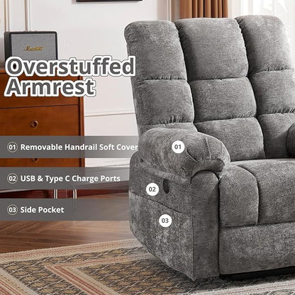 Oversized Power Lift Recliner Chair for Elderly, Electric Lift Chair with Masssage and Heat, Overstuffed Power Recliner for Adults, 3 Positions,USB Ports, Side Pockets,Grey