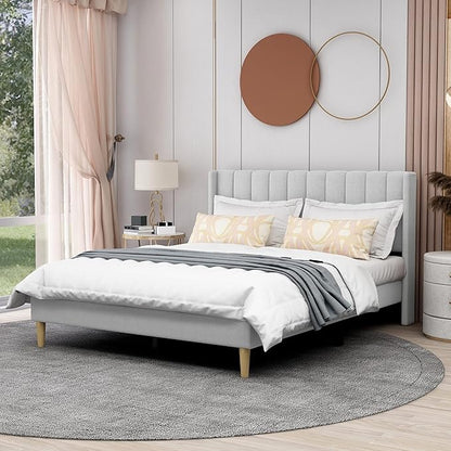 AGARTT Upholstered Platform Bed Frame Queen Size with Headboard and Footboard/Wooden Slats Support/No Box Spring Needed/Easy Assembly,Light Grey Linen