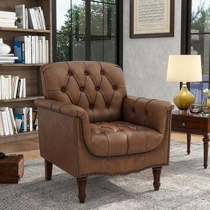 Lumibee Faux Leather Armchair, Contemporary Accent Chair with Nailhead Trims & Wood Legs for Living Room, Upholstered Comfy Arm Chair for Office,Bedroom-Brown