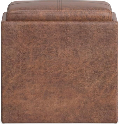 SIMPLIHOME Rockwood 18 inch Wide Contemporary Square Cube Storage Ottoman with Tray in Distressed Saddle Brown Vegan Faux Leather, Assembled, For the Living Room, Entryway and Family Room