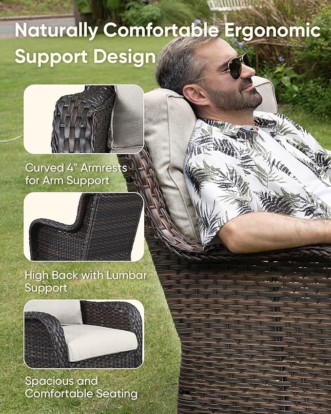 HUMMUH High Back Outdoor Swivel Rocker Patio Chairs Set of 2, with 5-Inch Thick Cushions and Side Table, Ideal for Porch,Poolside, Deck, and Yard