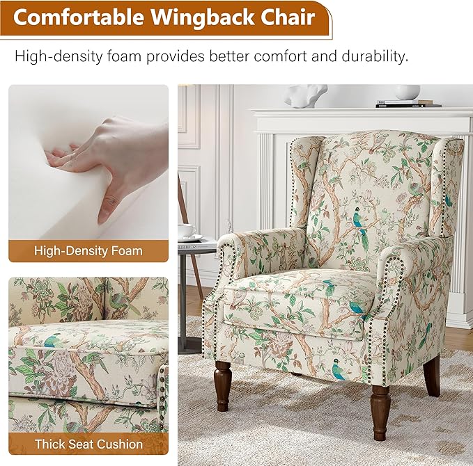 Wingback Accent Chair, High Back Upholstered Armchair, Printed Fabric Wingback Arms Chairs with Wood Legs, Single Sofa Reading Chair for Bedroom Living Room, Bird