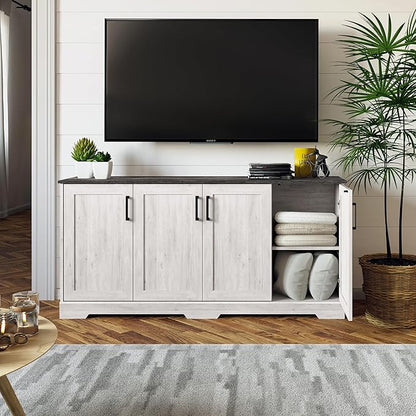 Prepac Rustic Ridge 4 Door Console Table with Storage, Washed White Storage Cabinet with Doors and Shelves, Sideboard Storage Cabinet 66" W x 31.75" H x 16" D, ACBG-1620-1
