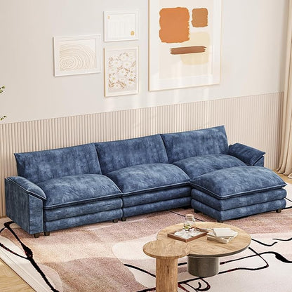 Furniwell Modular Sectional Sofa with Moveable Ottoman, Oversized 3-Seater Couch with Supportive Backrest, Chenille Convertible Sofa Couches for Living Room/Apartment(L Shaped,Blue)